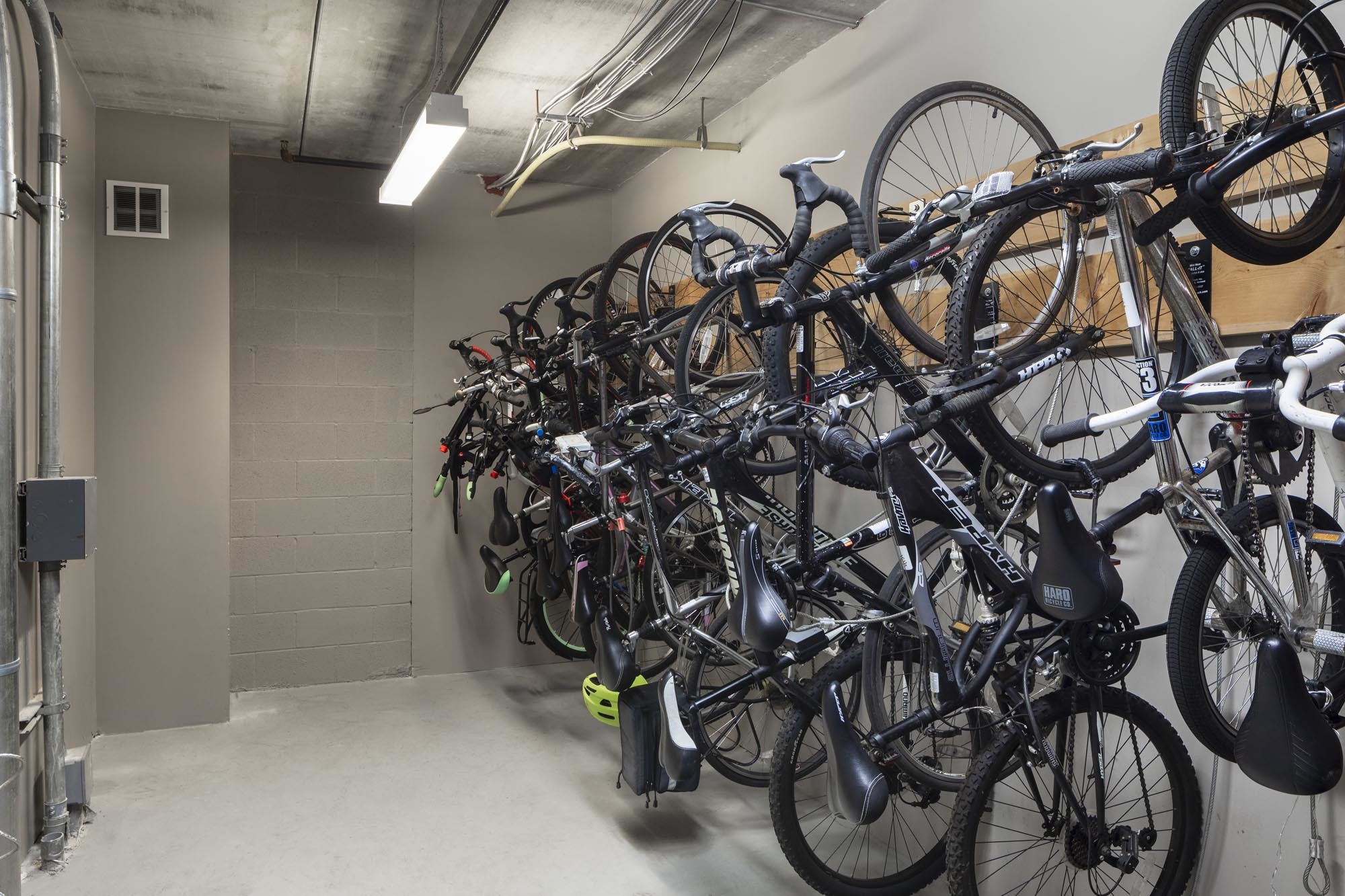 bike storage room with bikes on wall